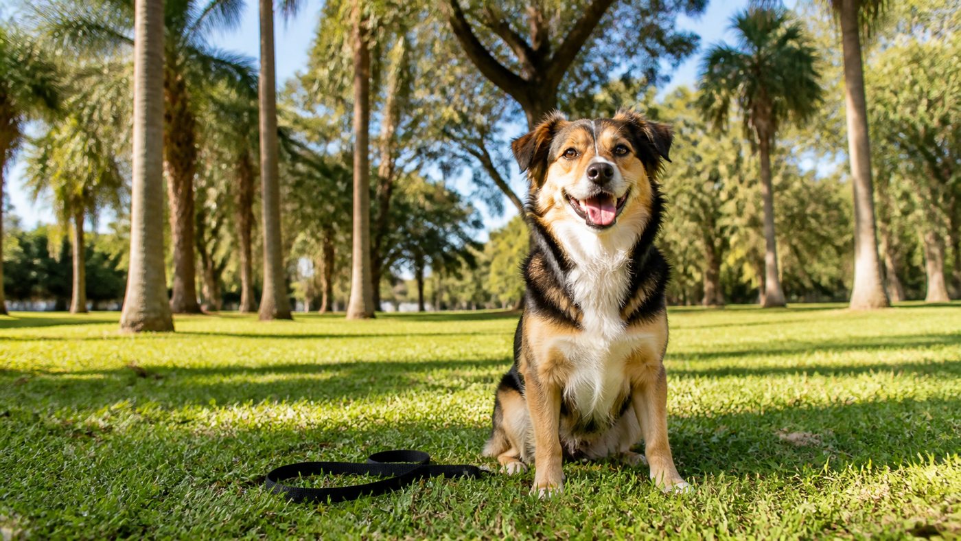 Happy dog sitting on the grass in a sunny Florida park