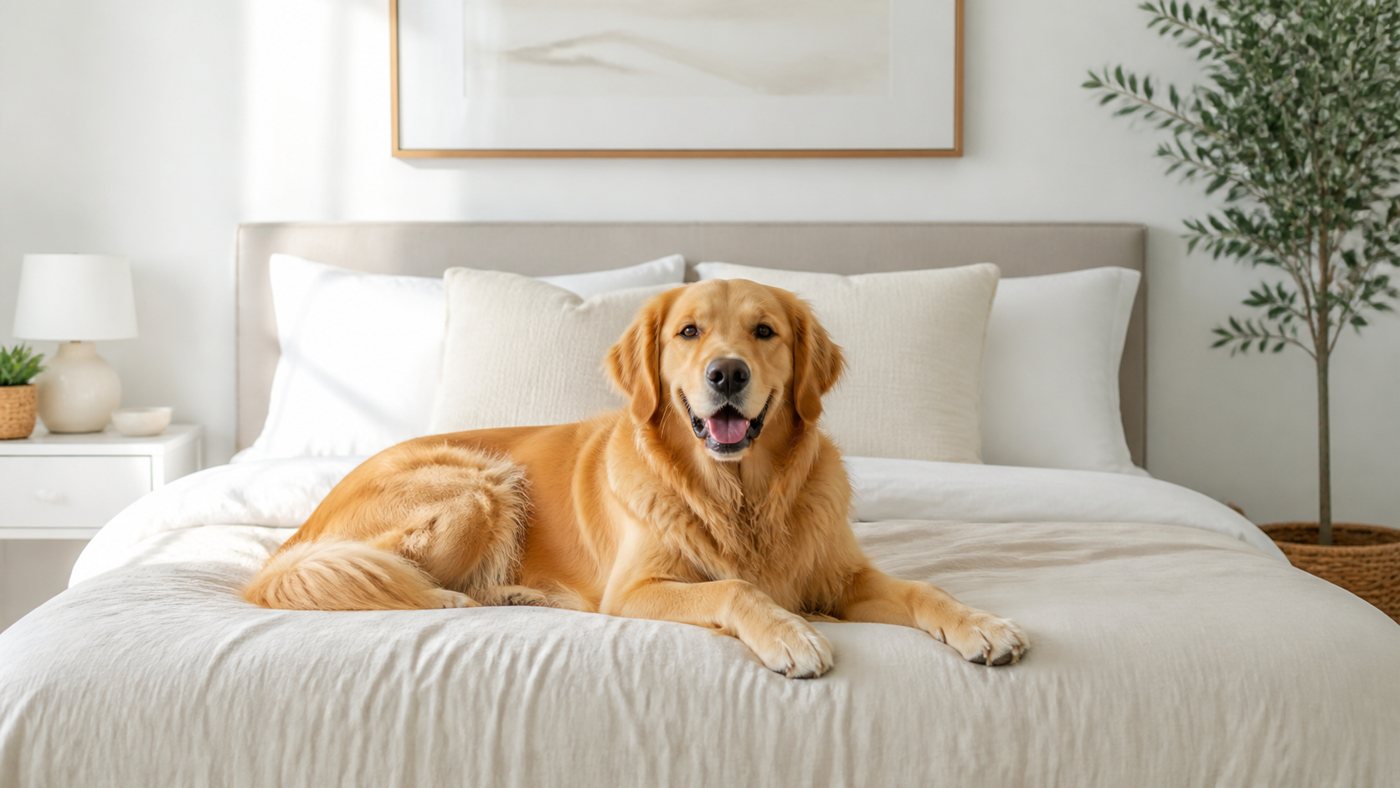 Golden retriever resting on a bed in a bright apartment bedroom