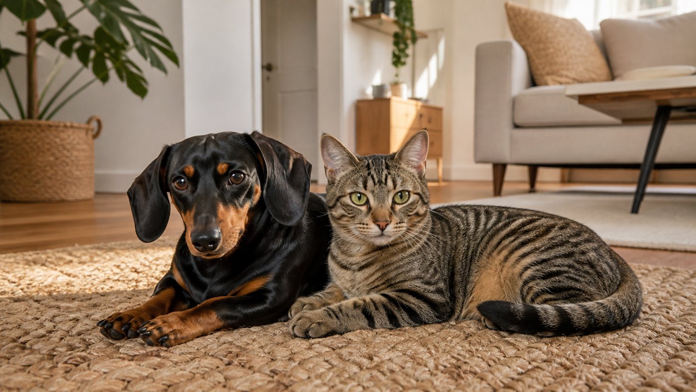 A dachshund and a tabby cat resting together on a rug at home